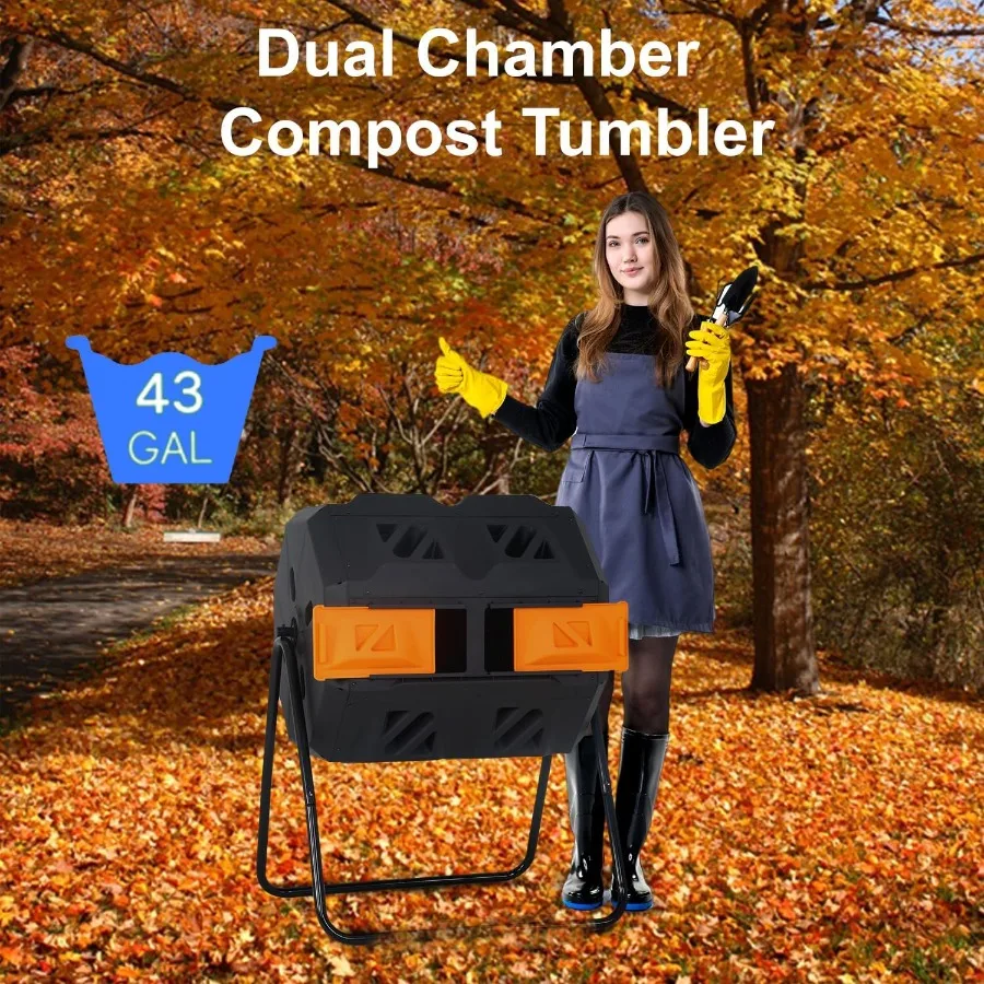 FDW Outdoor Compost Bin43 Gallon Dual Chamber Tumbling Composting Bin with Sliding Doors Compost Tumbler for Garden Patio Kitch