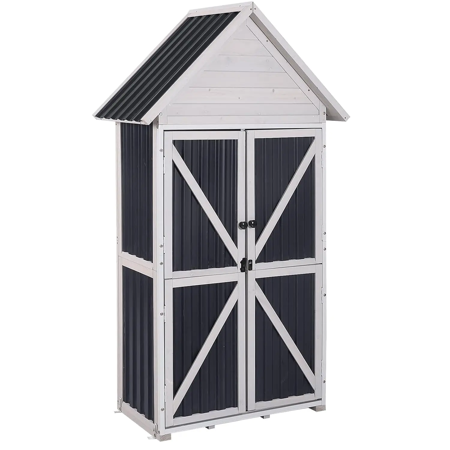 Outdoor Storage Cabinet, Wood & Metal Frame Garden Storage Shed with Waterproof Plastic Roof, Adjustable Shelves, Raised Base