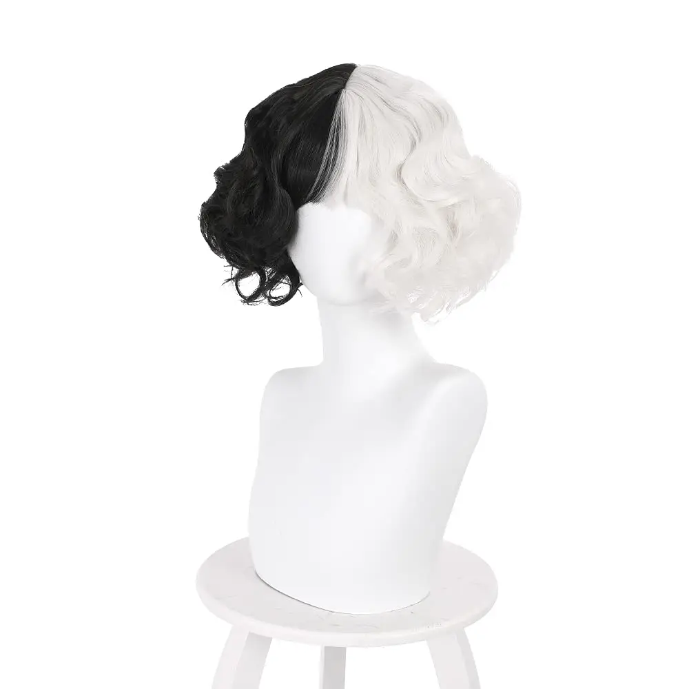 Cruella deVil Cosplay Perruque de Costume, Cheveux Synthétiques Noir et Blanc, Degré de Chaleur, Plis, Jeu, Halloween, ixde Noël