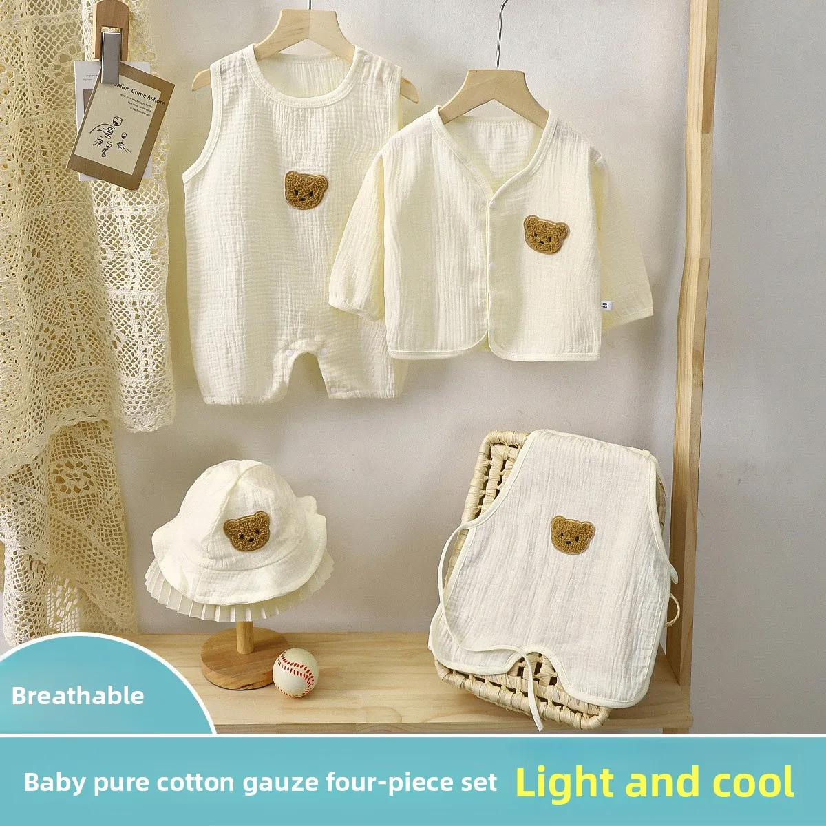 Newborn Class A Baby Out Four-piece Cardigan Strap Jacket Belly Pocket Baby Cotton Summer Clothing