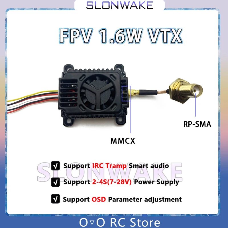 

SLONWAKE 5,8G 1,6 W VTX 48CH 25mw/200mw/800mw/1000mw/1600mw Вентилятор охлаждения 2-4S 36 × 36 мм для гоночного дрона с длинным радиусом FPV