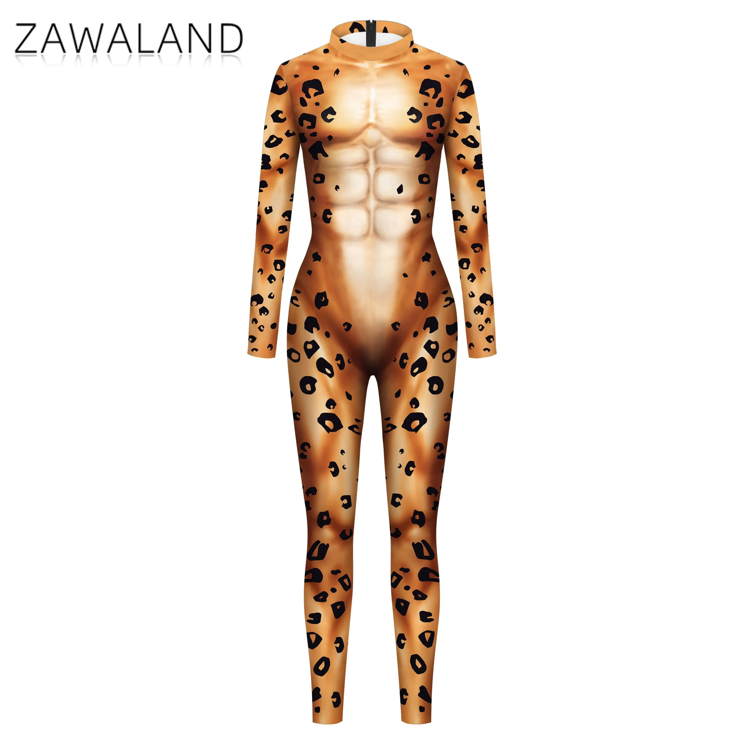 Zawaland Husky Wolf Leopard Jumpsuit Animal Cosplay Costume Men Zentai Suit Funny Disguise Wear Halloween Holiday Party Clothes