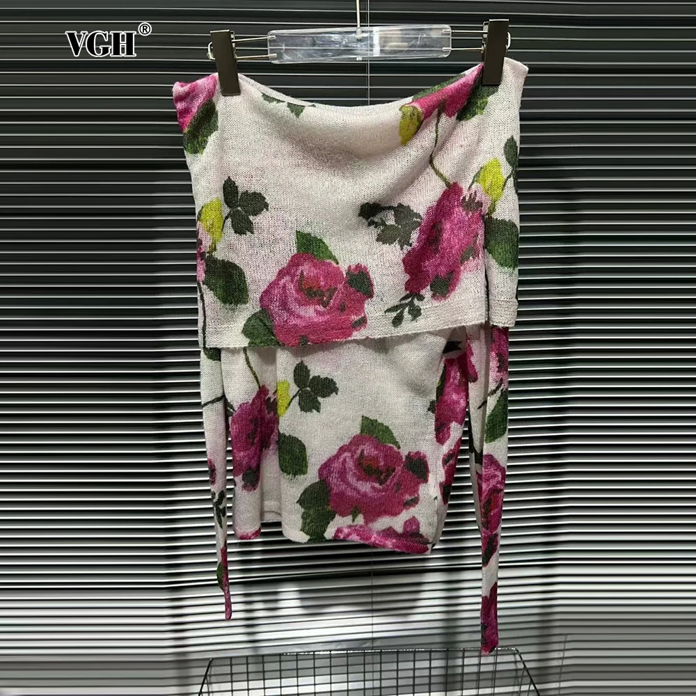 

VGH Floral Prinitng Knitting Backless T Shirts For Women Slash Neck Long Sleeve Temperament Slimming Hit Color T Shirt Female