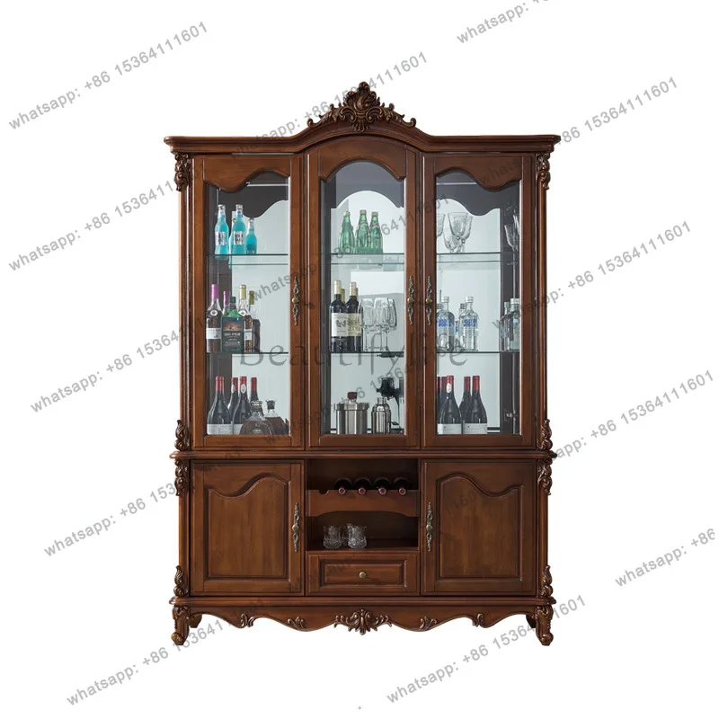 

American all-solid wood wine cabinet double door dining side glass door European large apartment