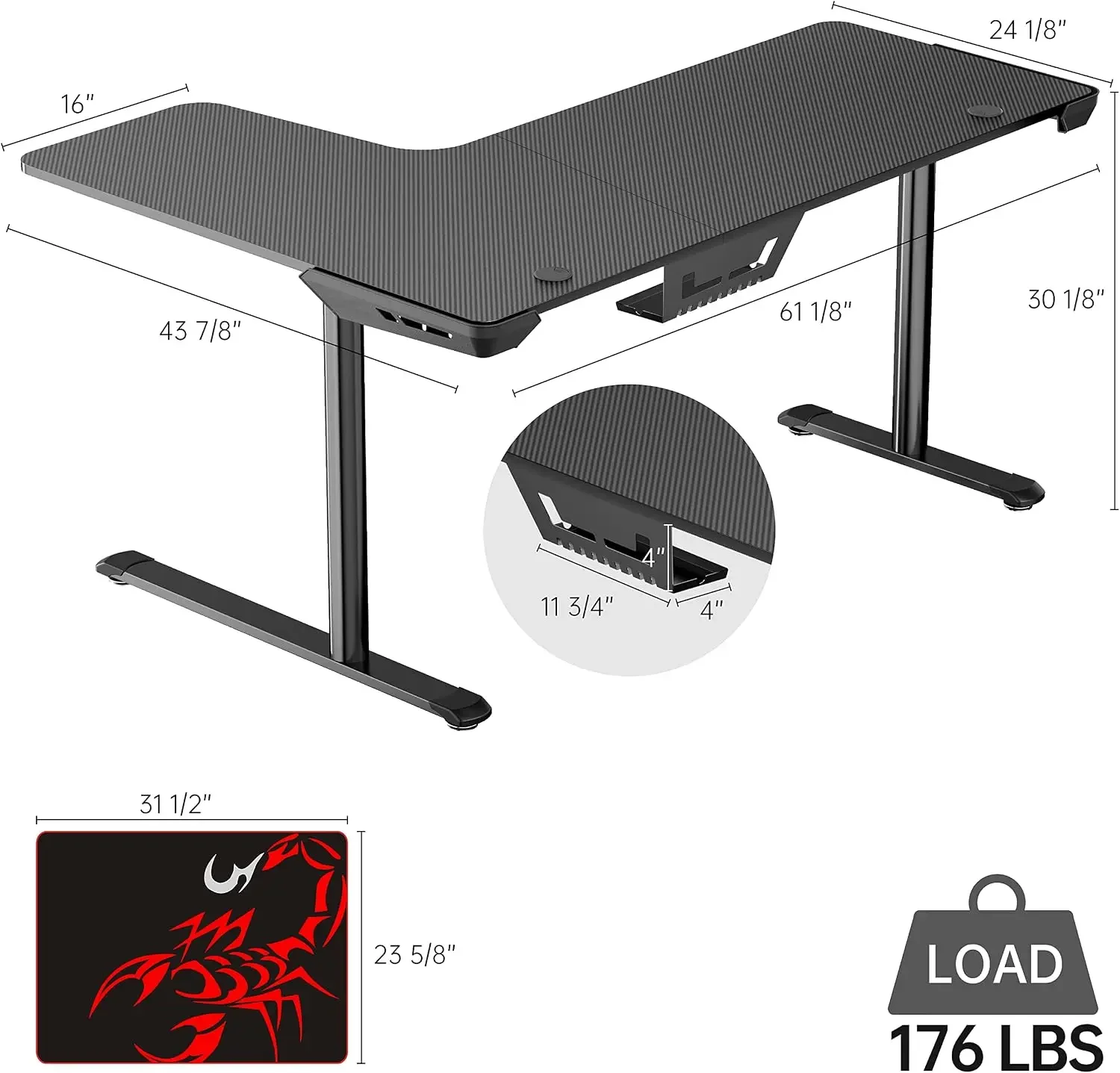 L Shaped Gaming Desk, 60 Inch L60 Home Office Corner PC Computer Gamer Table Large Writing Workstation Gifts w Mouse Pad Cable