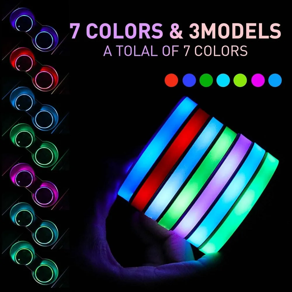 2PCS LED Cup Holder Lights for Car,Rechargeable 7 Color-Changing Light Up Cup Holder Insert Coasters,Car Decor Accessories