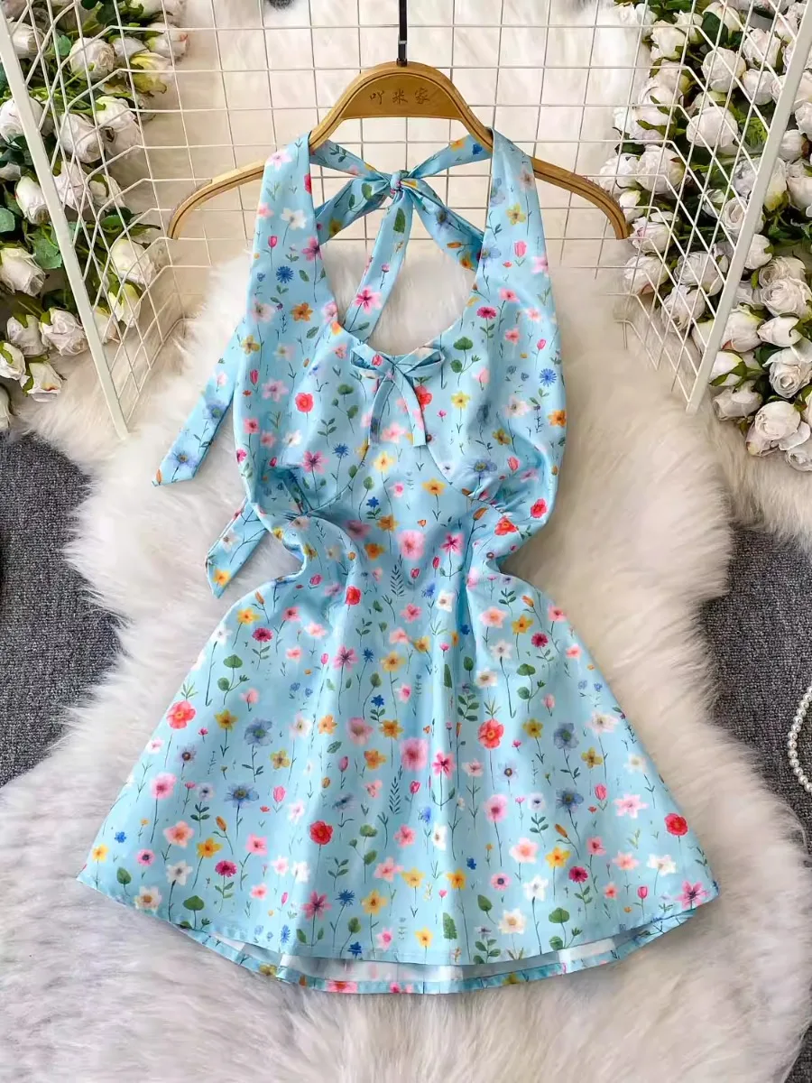 Foamlina vacances doux bleu fleuri col en V licou Camis Corp haut femmes été léger Mature Sexy dos nu cravate gilet Blouse