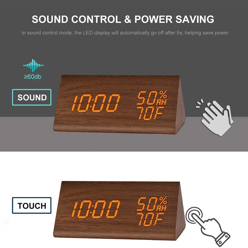 Humidity And Temperature Alarm Clock Triangle Digital Baby Room Wood Clock Mute Luminous Led Electronic Gift