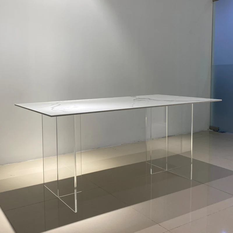 

Transparent acrylic table legs custom T-shaped suspended rock slab dining table bracket coffee island support legs