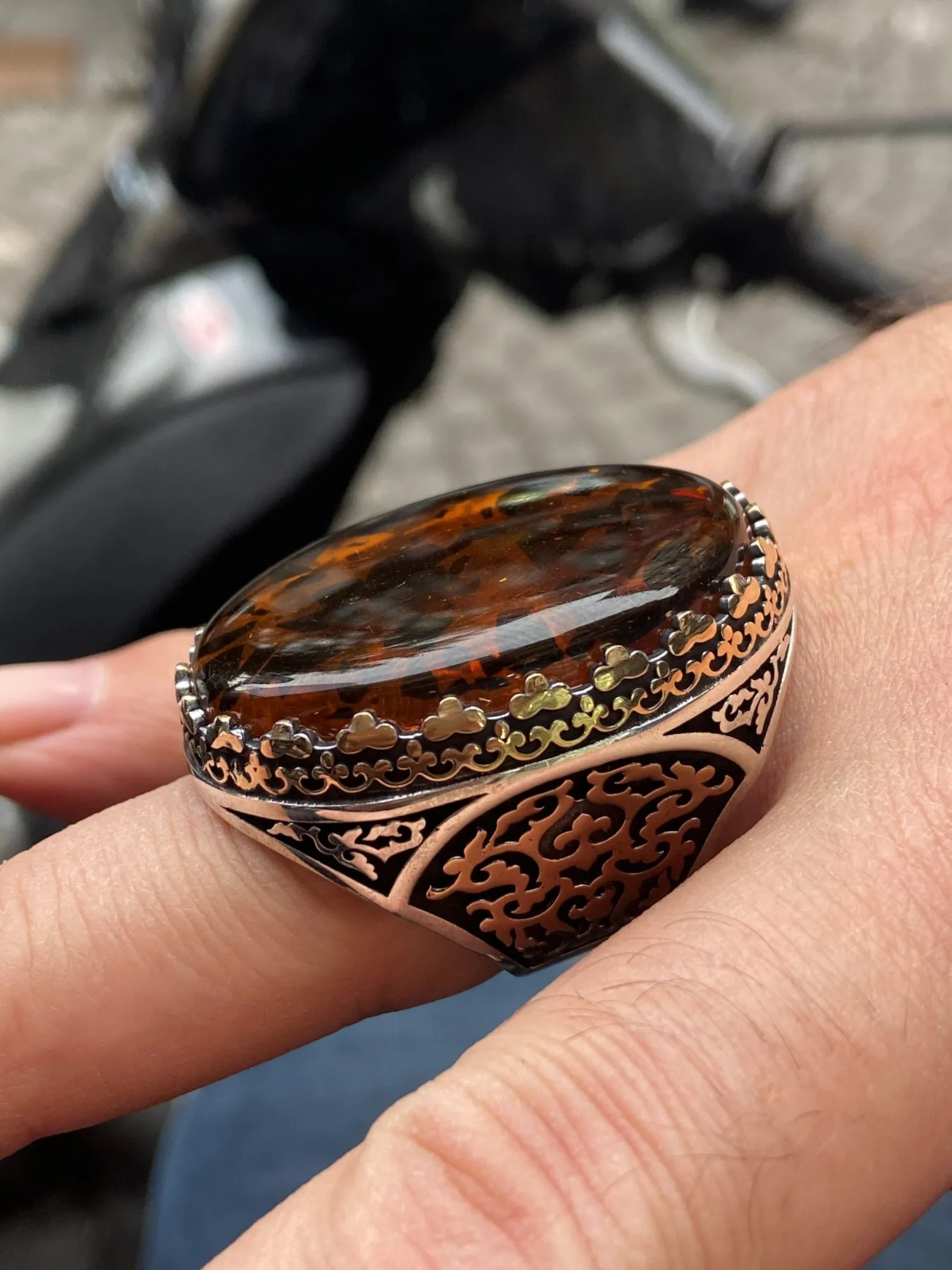 Baltic Amber Ring , Man Silver Large Amber Stone Ring , Turkish Silver Ring , Ottoman Style Embroidered Men's Ring