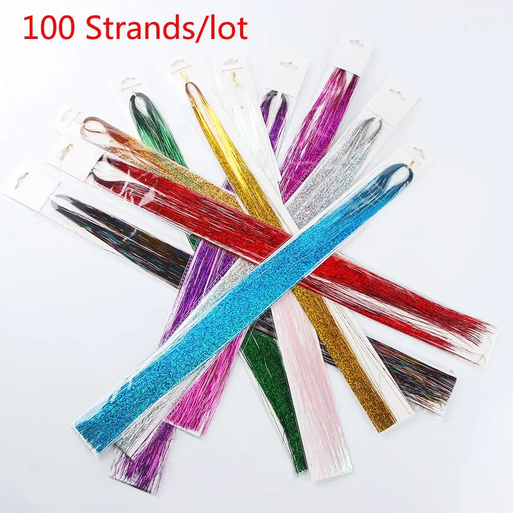 100 Strands Girls Streak Clubbing Sparkly Hair Extension Bling Silk Hair Tinsel Glitter Rainbow  Color