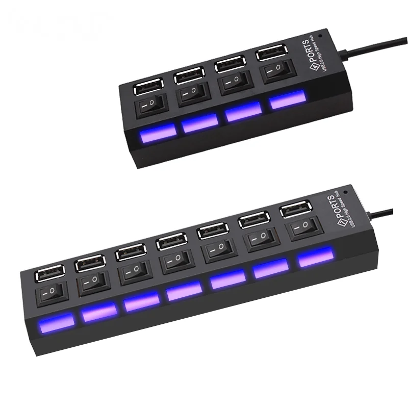 7/4 Ports USB 2.0 Hub with Independent Switch USB Hub Multi USB Splitter Use Power Adapter 4/7 Port Multiple Expander 2.0 USB