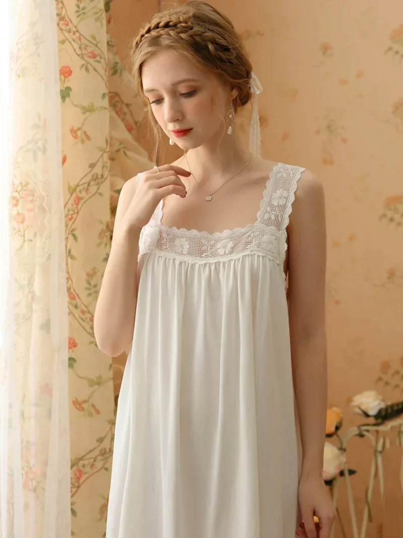 Women Summer Victorian Nightgowns Ruffles Sleeveless Cotton Lace Hollow Out Nightdress Sweet Vintage Princess Sexy Sleepwear