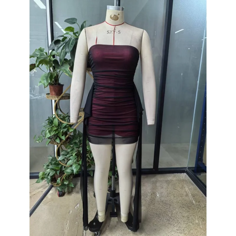 Ärmelloses, trägerloses, bodenlanges Kleid aus Mesh für Damen, gerafftes, figurbetontes Minikleid mit seitlichem, langem Chiffonband für Club- und Abendgarderobe – Detail 7