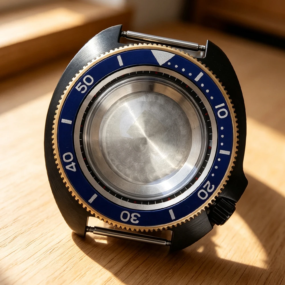 Black Gold 44MM Watch Case Dive SKX 6105 Sapphire Parts For Turtle Seiko NH35 NH36 NH38 NH34 4R36 Movt  At 4.1 o'Clock Position