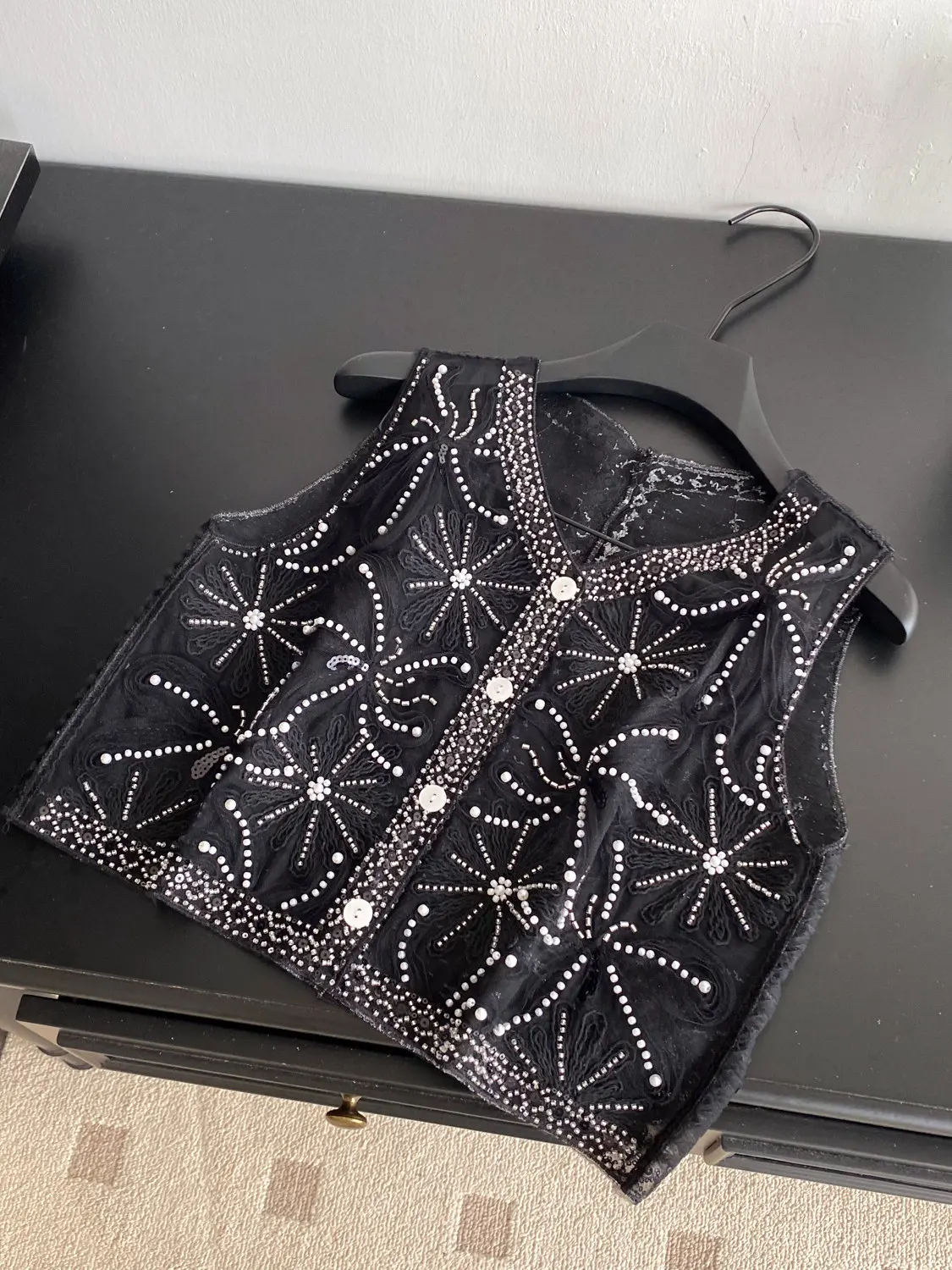 Heavy Industry Beaded Sequins Embroidery V Bead Neck Single Break Mesh Vest Women's Summer Vest Vest