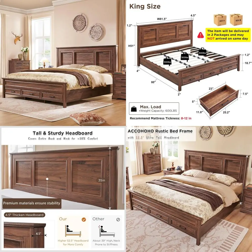 King Size Farmhouse Style Bed Frame with 52
