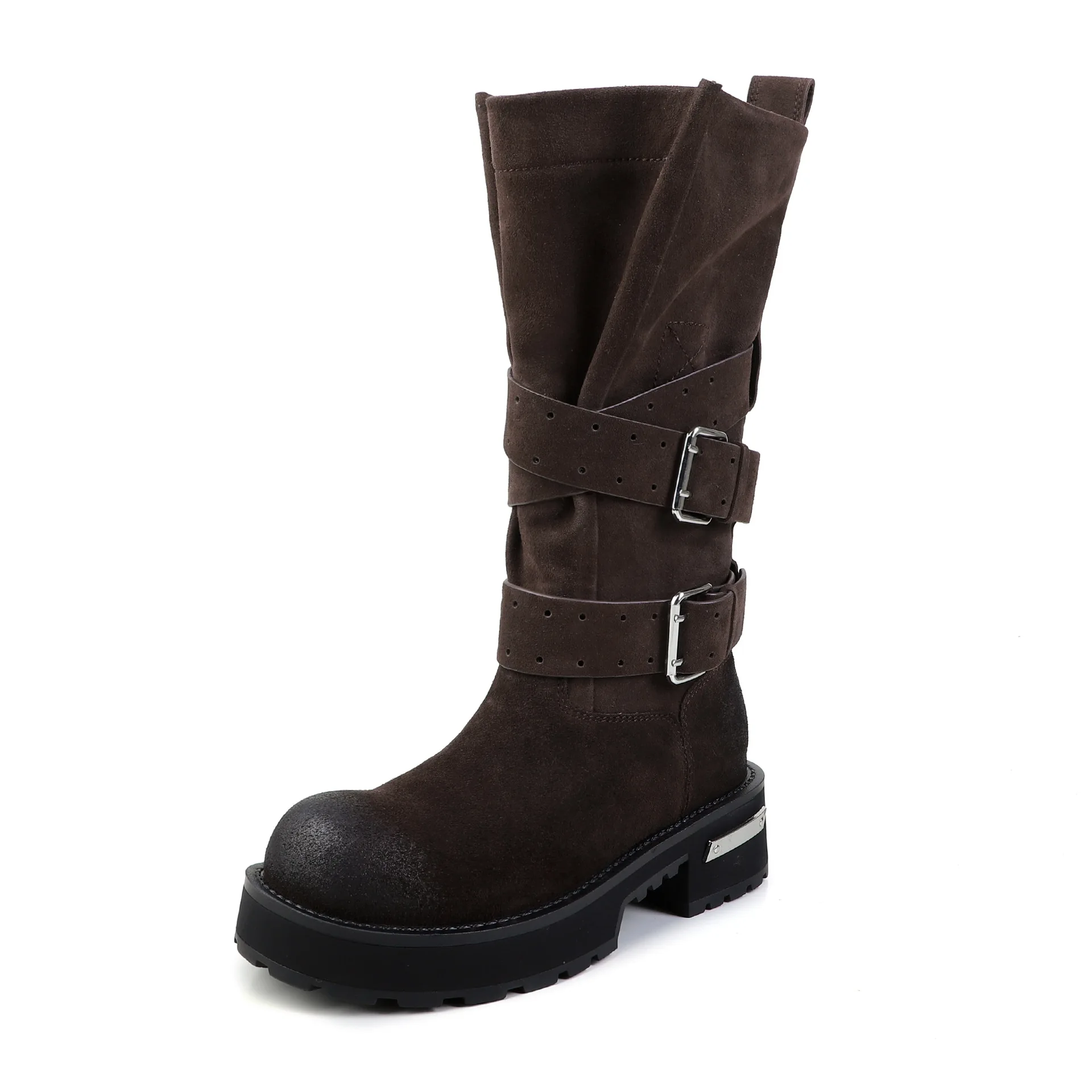 Arden Furtado Genuine Leather Women's Cow Suede Mid-Calf Boots Round Toe Pull-On Chunky Heels Belt Buckle Detail Riding Boot