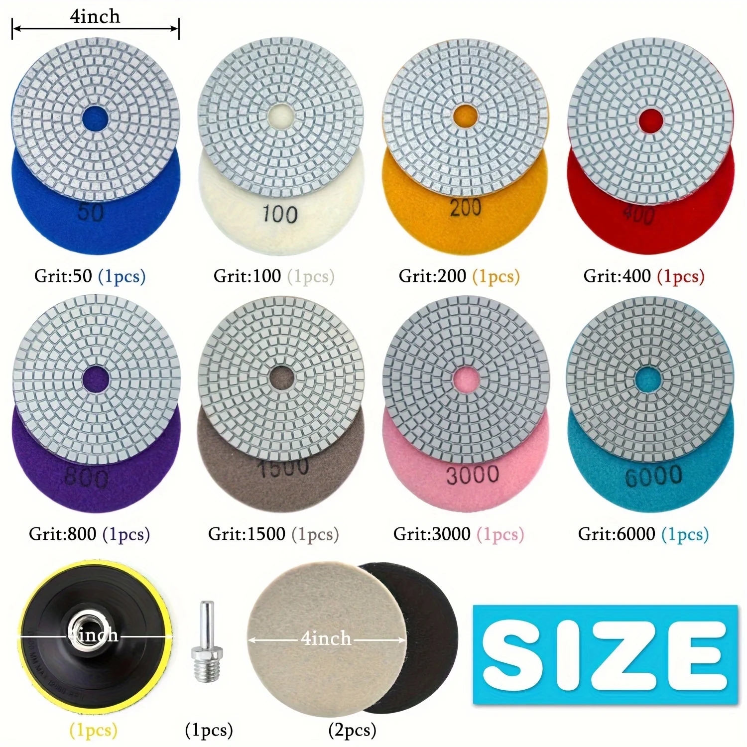 12Pcs 4 Inch 100mm Diamond Polishing Pads with 5/8" 11 Backer Pad Wet/Dry Granite Stone for Concrete Marble Stone