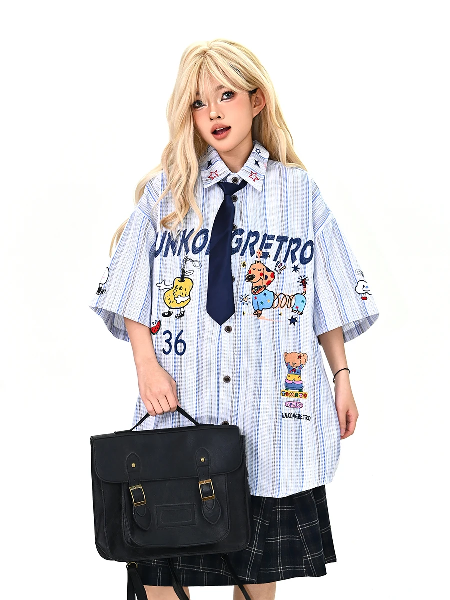 

Summer New Loose American College Sle Women's irt Cartoon Dog Stripe ort Sve Casual Top Comfortable Faionable