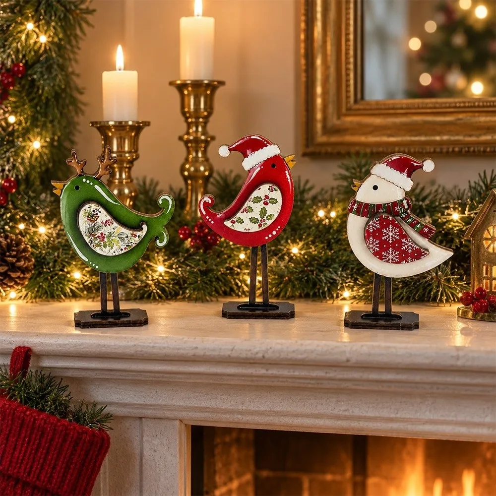 Wooden Christmas Bird Statue 2D Flat Vintage Bird Figurine Ornament Long Legs Stable Base Xmas Bird Figurine Room Decor