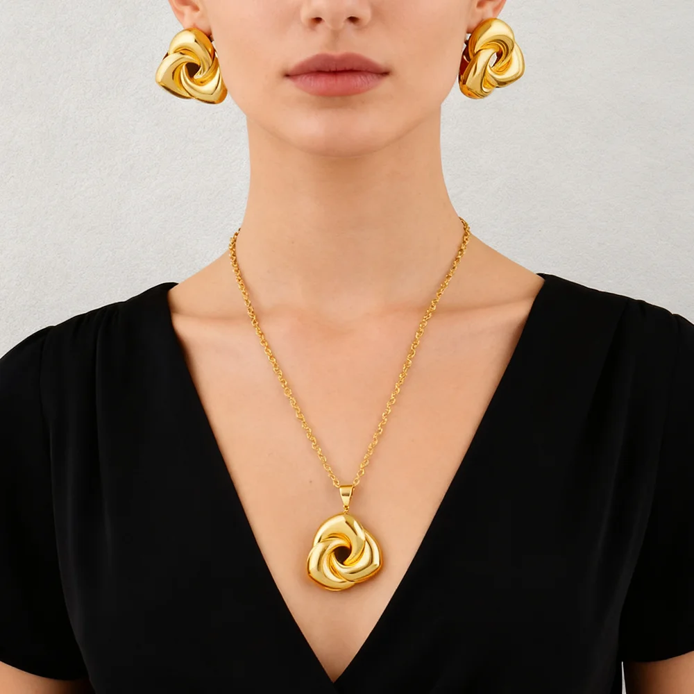 

Gold Plated stainless steel jewelry set women Fashion Personality Simple Rhombus necklaces earrings wedding party gift