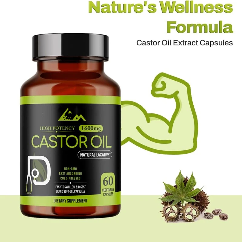 Castor oil 1600mg | Non GMO | Vegetarian, cold pressed, high potency -60 capsules