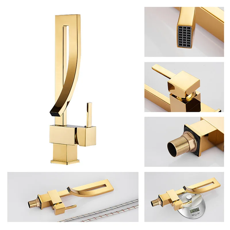 All-copper creative rotatable gold countertop basin basin hot and cold faucet modern kitchen sink waterfall faucet