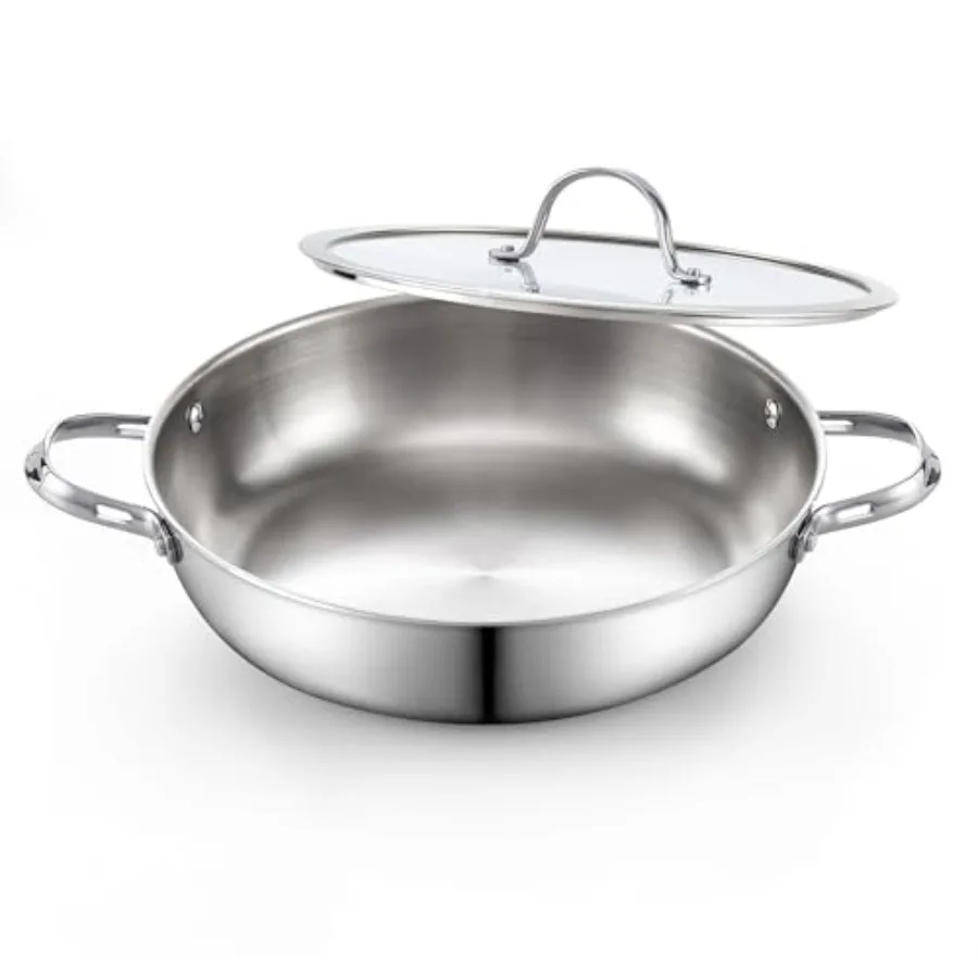 

12-inch Multi-Ply Clad Stainless Steel Wok Stir Fry Pan with Glass Lid Flat Bottom Induction Cookware Deep Frying Pan for Every