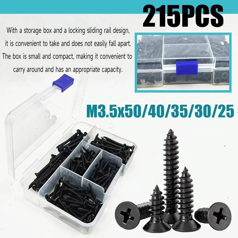 215 pieces of M3.5x 25-50mm cross-head wood screws, black carbon steel, cross-drive plate coarse thread, suitable for wood and s