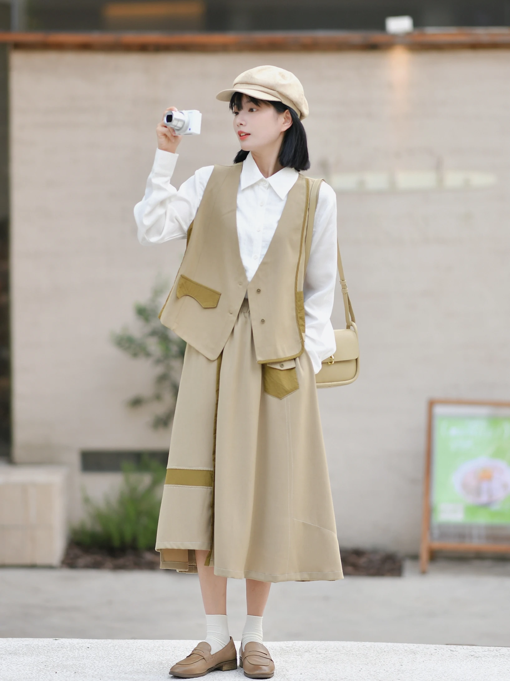 

Retro Versatile Briti Sle Commute Vest Strap ter Skirt Long Dr Set Women's Faion Ensemble Polyester Fabric