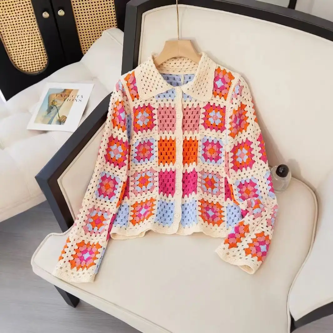 

2025 Spring Autumn Bohemian Crochet Cardigan Tops Women Colorful Square Splicing Doll Collar Hollow Long Sleeve Knitted Cardigan