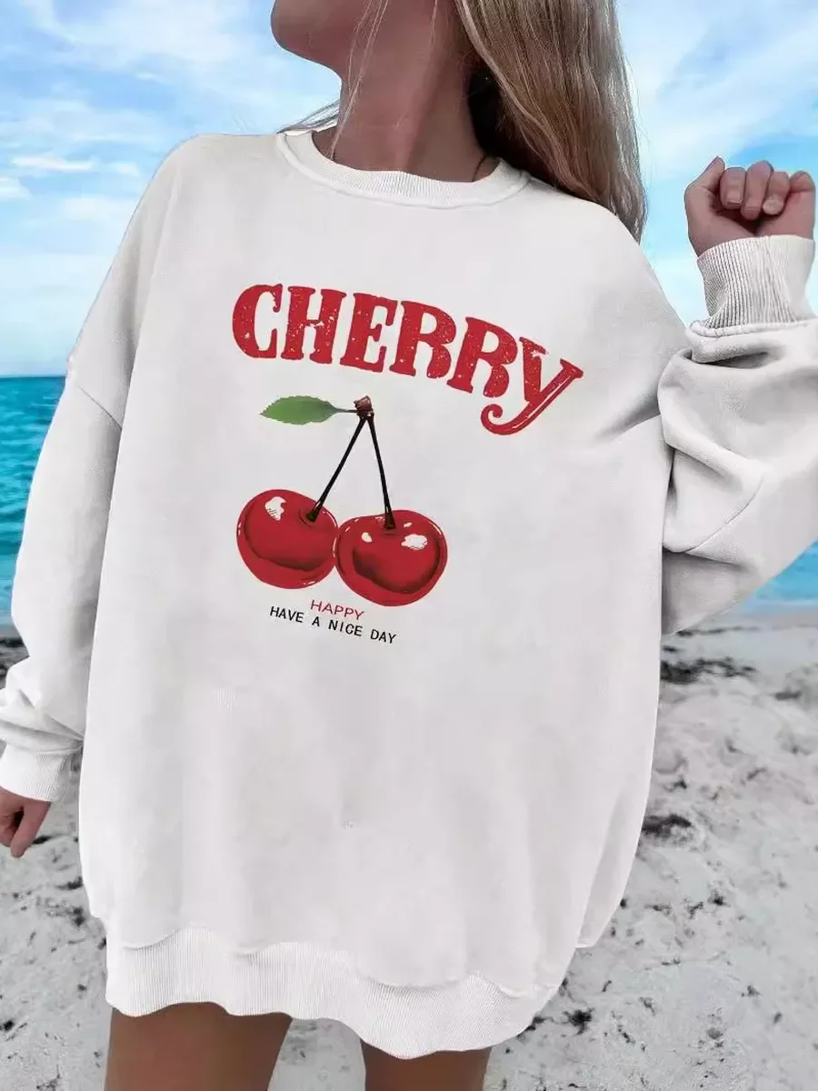 24 New Women Tops Thickened Loose Cute Cherry Print Sweater Women Sweatshirt Oversized Pullovers Hoodie