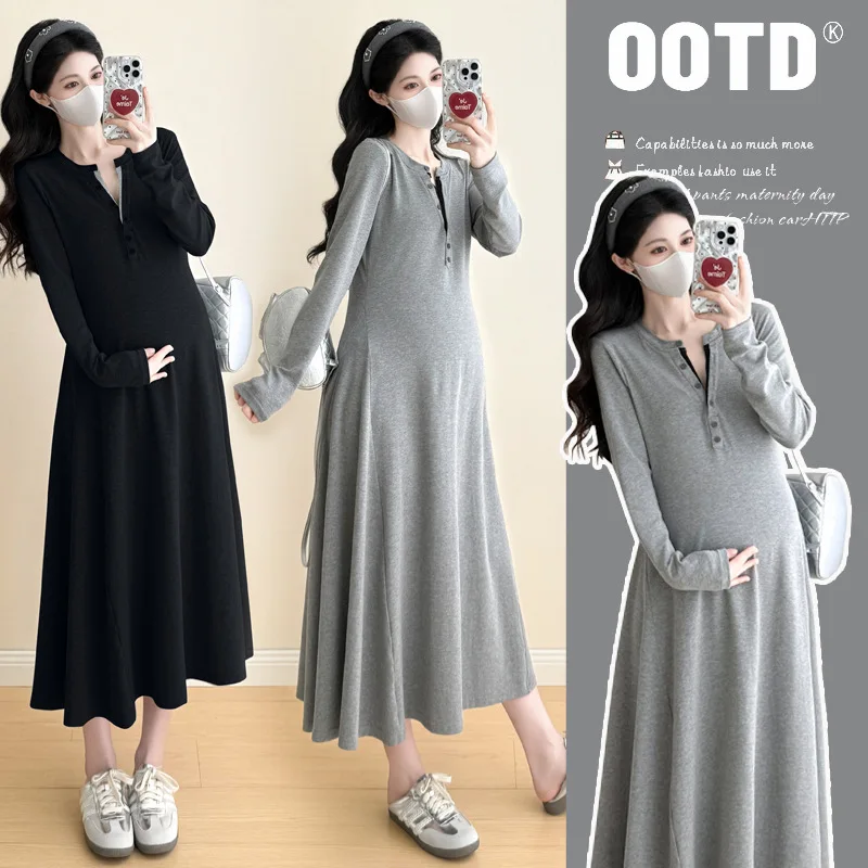 

Платье для беременных 2025 Новое весеннее облегающее платье во французском стиле высокого класса трапециевидной формы с длинным рукавом и v-образным вырезом, мягкое и удобное