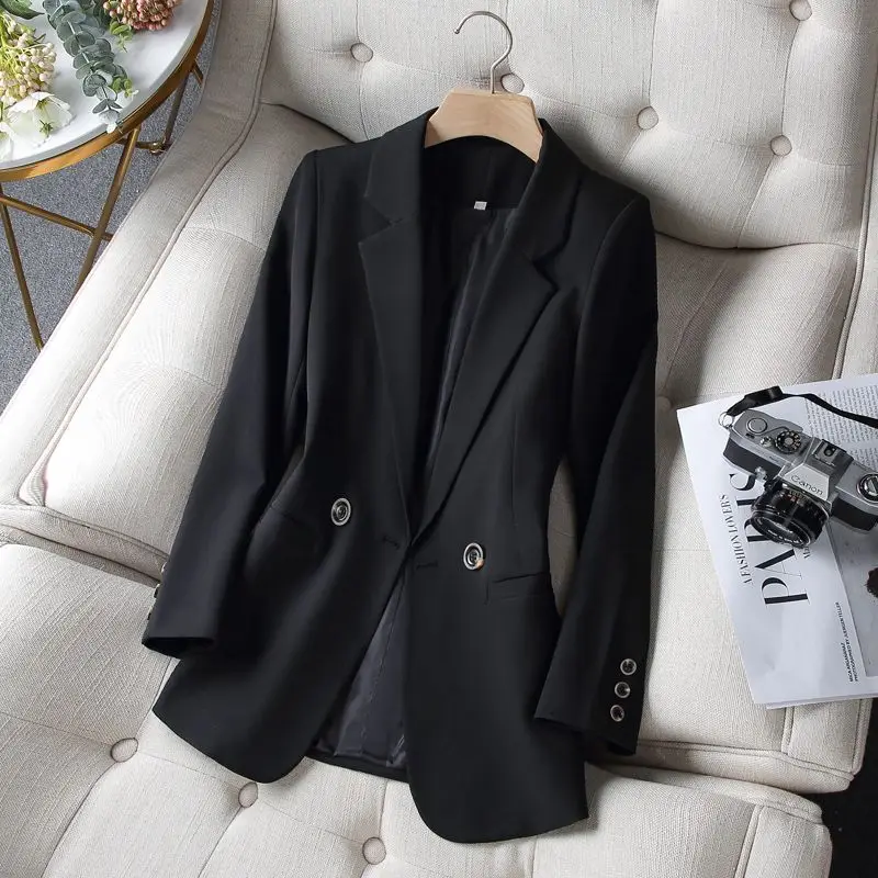 

Women's Autumn Winter New Fashion Elegant Solid Color Lapel Button Casual Versatile Long Sleeved Slim Fit Mid Length Suit Jacket