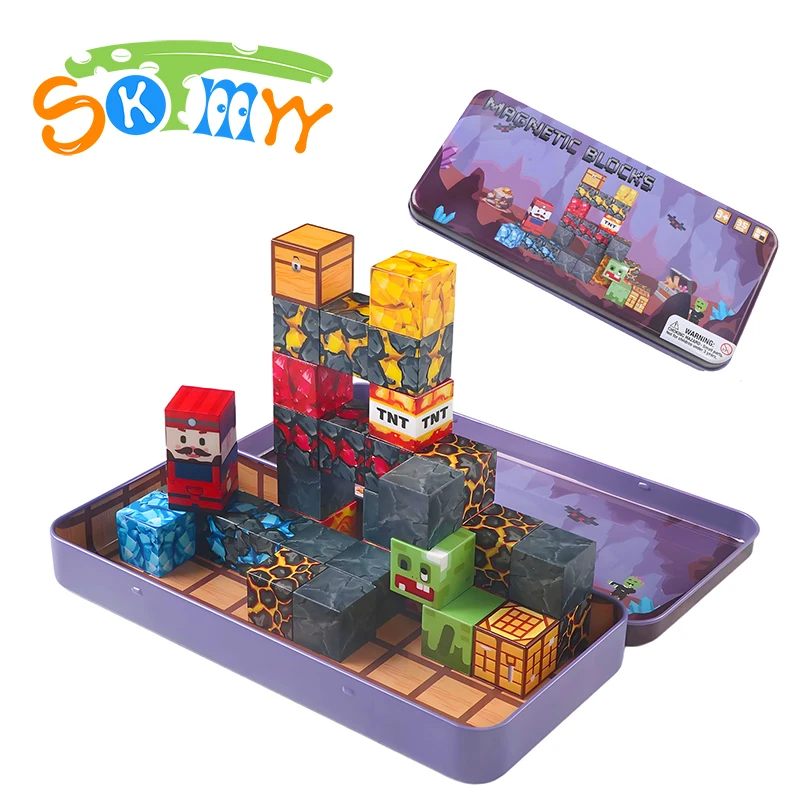 35 STKS Mijn-Thema Magnetische Bouwstenen Magneet Kubussen met Draagbare Ijzeren Doos STEM Zintuiglijke Reizen Speelgoed voor Kinderen Kerstcadeaus
