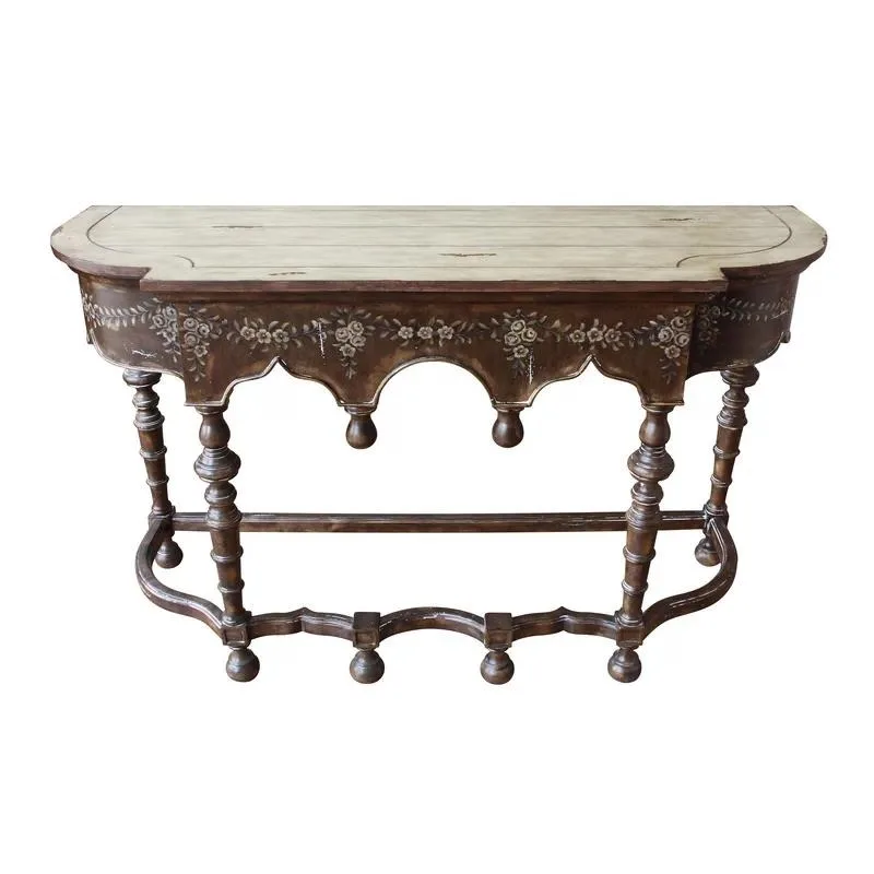 Antique Faux Vintage Wooden Entrance Table Hand Painted Floral Panels Cream Top Swirling Legs Console for Entryway Hallway