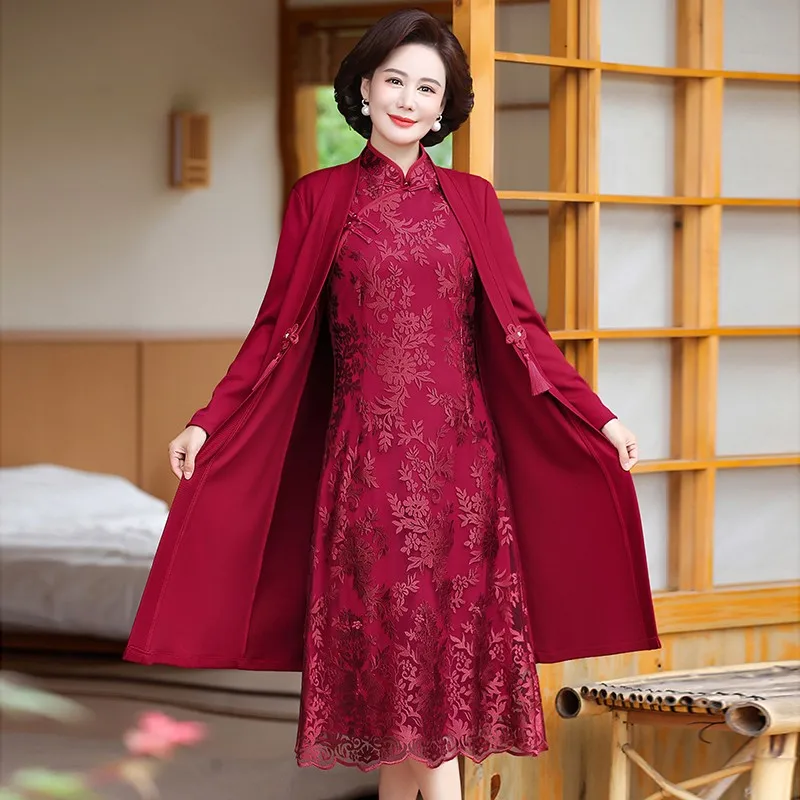 

Mother Dress Autumn Noble Asian style cheongsam lace Dress and Two Pieces Long Dresses Middle Aged Women's Flower Dress Set