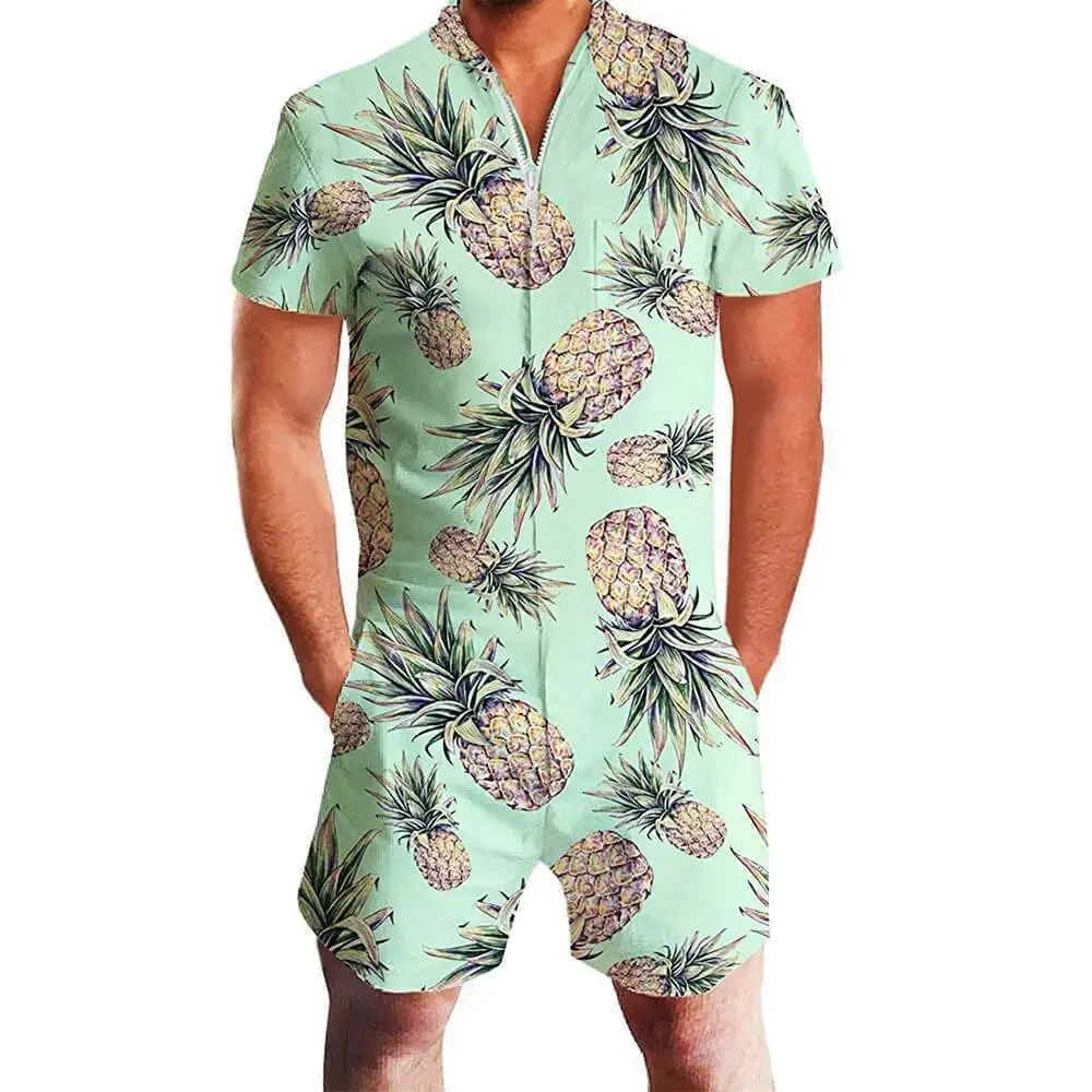 2024 Men Oversized 3D Graphic Casual Shorts Sleeve Button Jumpsuit Two Piece Overall Outfits Printed Beach Shorts Two Piece Set