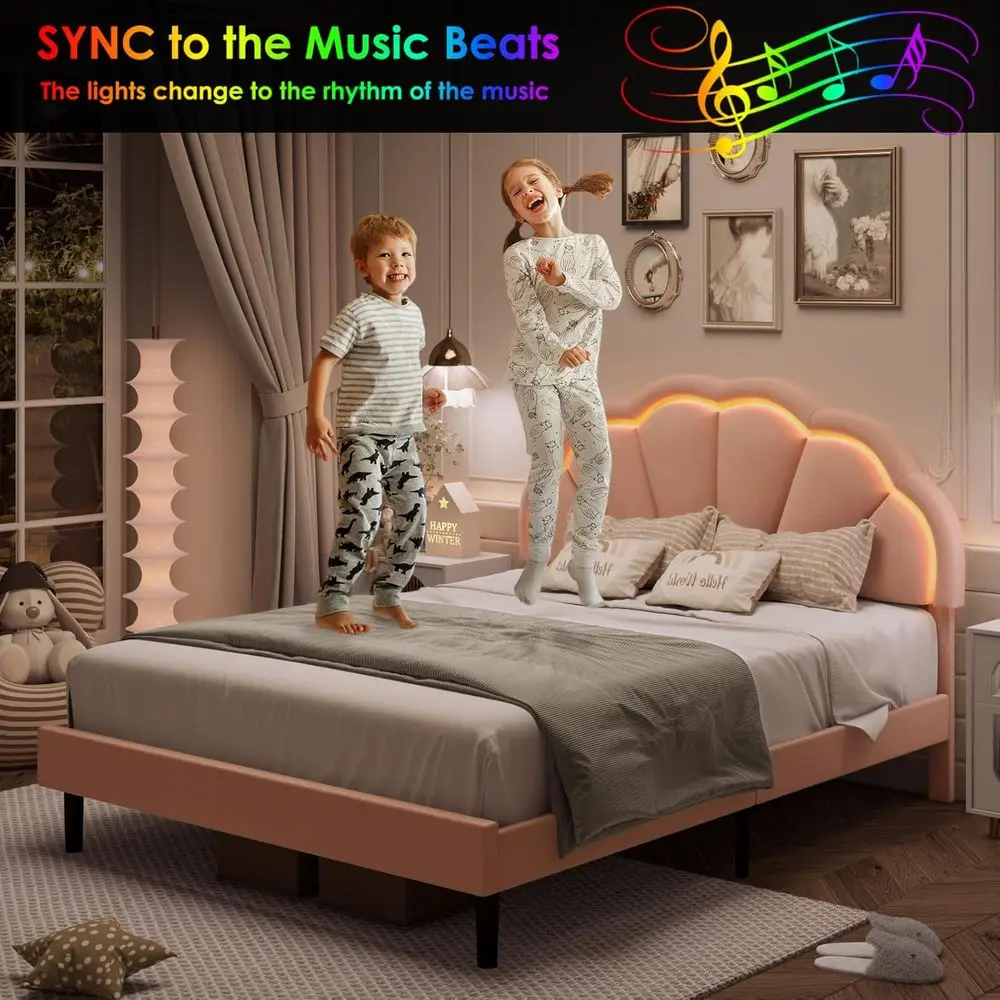 Łóżko Queen Size z podświetleniem LED i zagłówkiem w kształcie płatków, tapicerowane łóżko platformowe dla dziewcząt, łatwy montaż, różowe