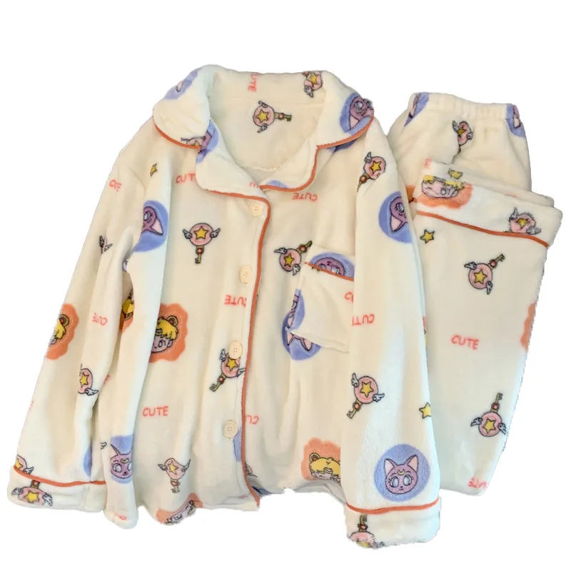 セーラームーンパジャマセットアニメ冬パッド入り厚く暖かい長袖パジャマ漫画暖かいコーラルベルベットラウンジウェアパジャマ