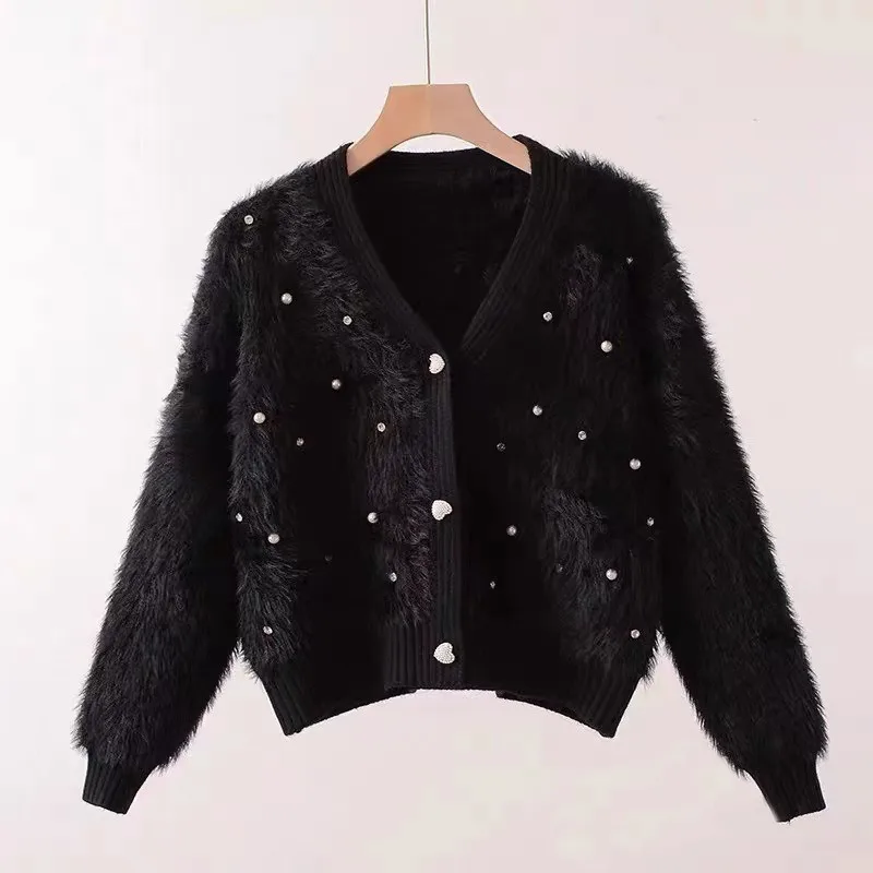Women's New Fashion Small Perfume Style Imitation Mink Wool Jacket  Loose Short V-neck Knitted Cardigan Summer Dress White