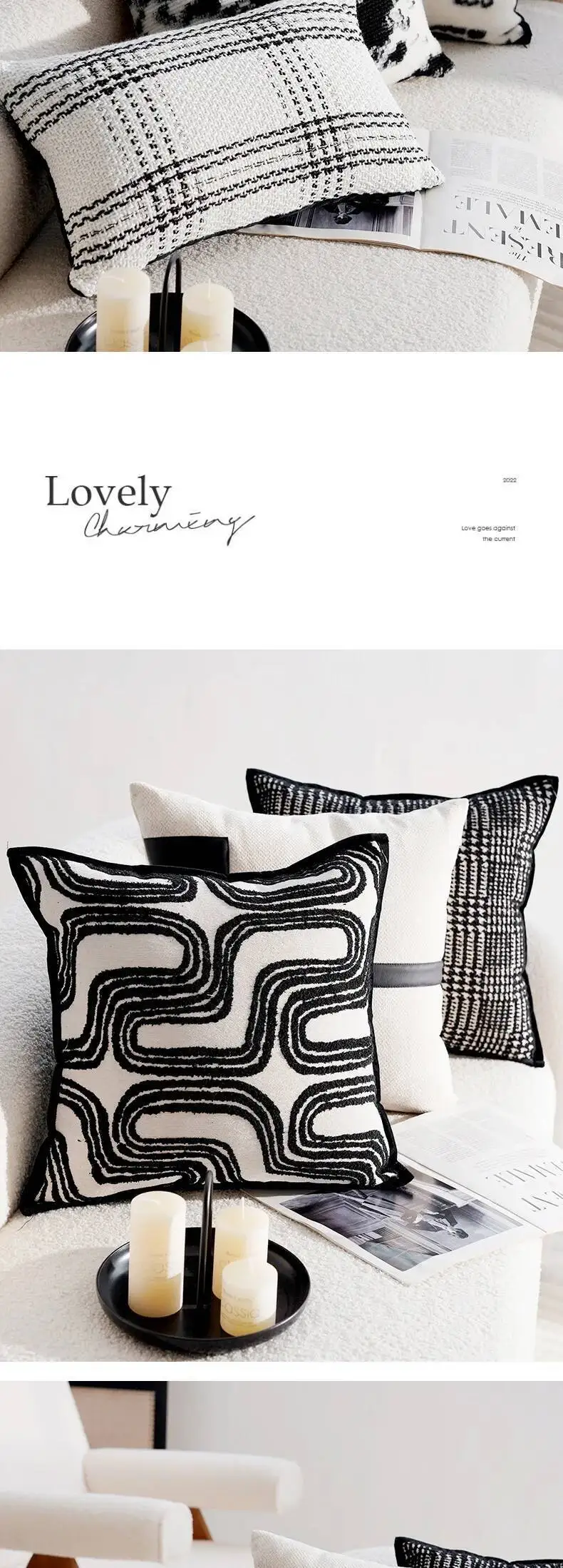 Elegante schwarz-weiße moderne Kissenhülle aus Chenille, weiches abstraktes Muster, Fell-Dekokissenbezüge für Sofa- und Bettdekoration – Detail 10
