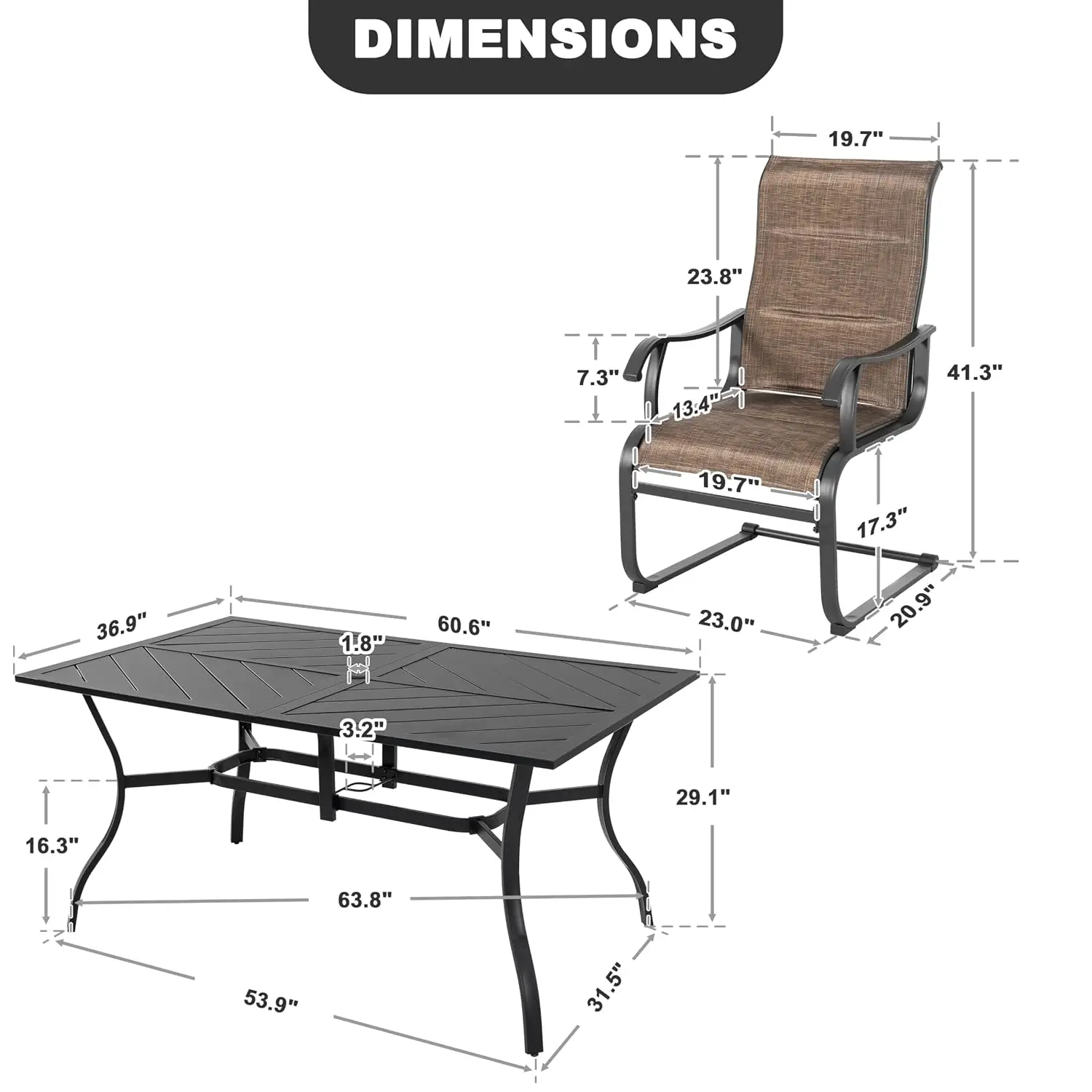 7 Piece Patio Dining Set, 6 Padded Textilene Chairs & 61 Inch Rectangular Table with Umbrella Hole, Outdoor Furniture, Brown & B