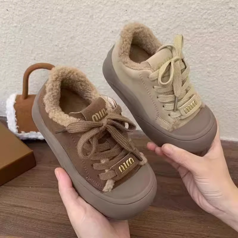 Winter New Children's Shoes Girls Korean Style Lamb Wool Girl Cotton Shoes Thicken Velvet Warm Anti-kick Furry Leisure Shoes