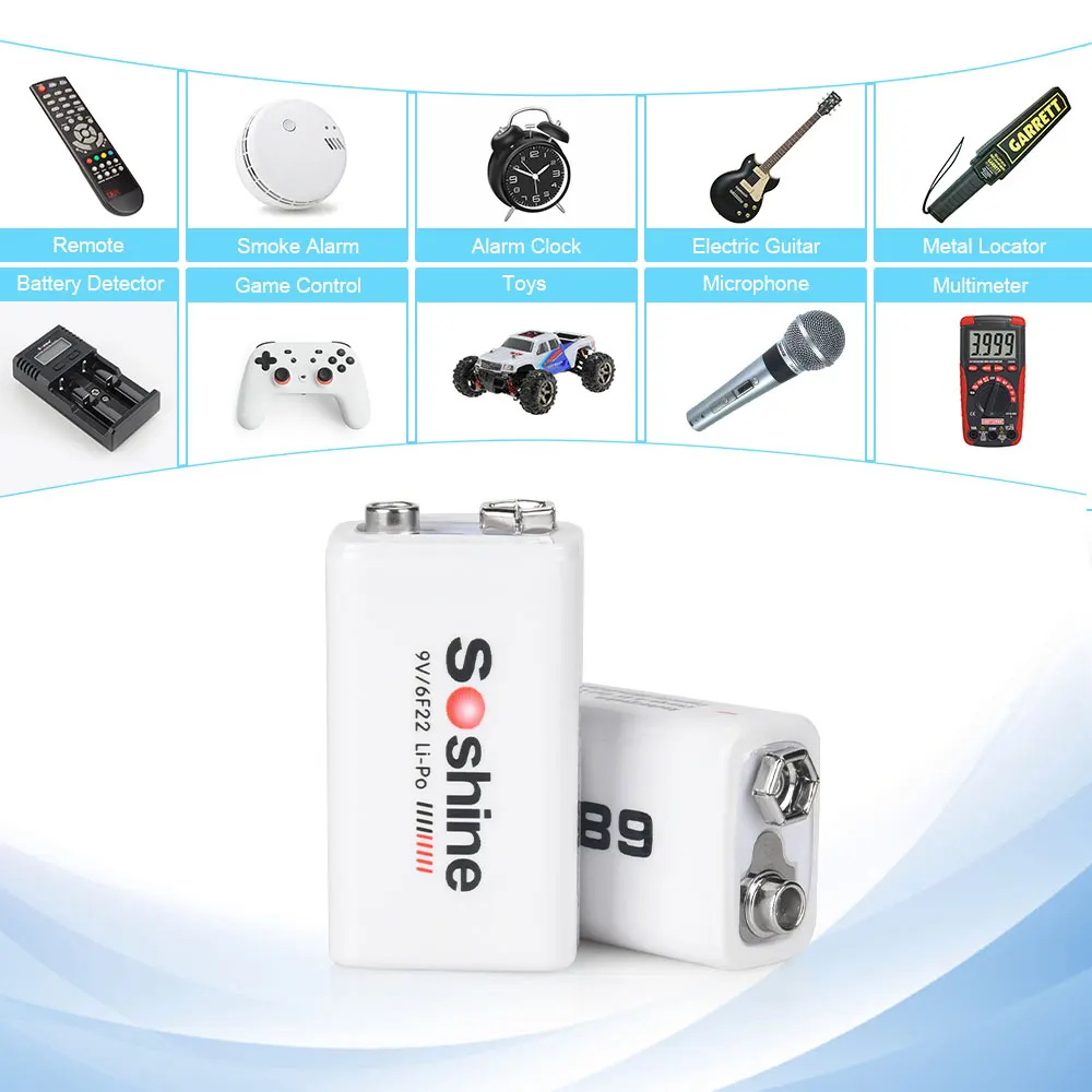 Soshine 9V 6F22 680mAh Rechargeable Battery and 2 Slots Smart EU US Batteries Charger Ni-MH Lithium LiFePO4 Batteries Charger