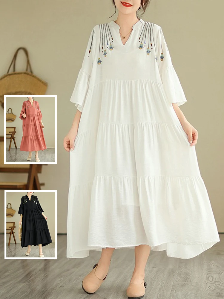 

Retro Patchwork Embroidered Dr Summer 2023 New plus Size Women's Faionable Slimming Long Skirt A-Line Midi Dr