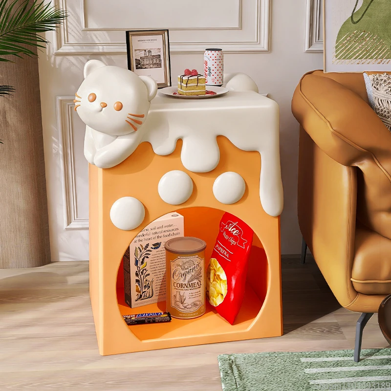 Cream Cat-inspired Storage Side Table, Whimsical End Table for Sofa & Bedside Décor