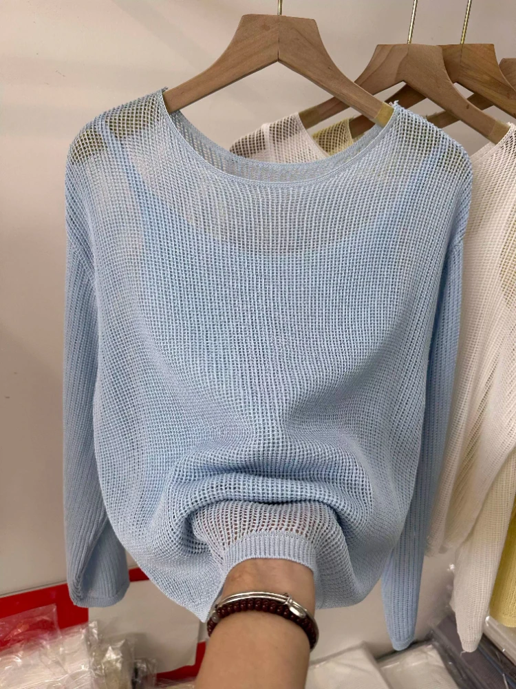Hollow Out Long Sleeve Thin Knit Blouse 2026 New Summer Sun Protection Cover Up Cami Figure-Flattering Two Piece Set Top view 2