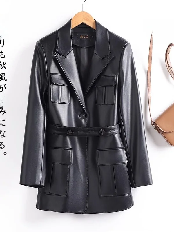 Primavera Autunno 2025 Nuovo Cappotto Haifeng in Vera Pelle di Pecora, Giacca a Vento Femminile di Media Lunghezza con Cintura alla Moda